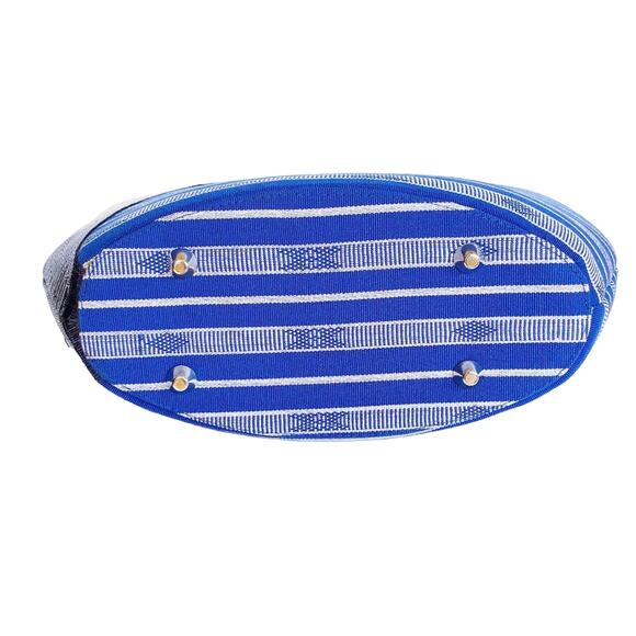 NWOT Blue Handmade Handwoven Fabric Straw Double Wooden Handle Tote Handbag - Picture 5 of 7